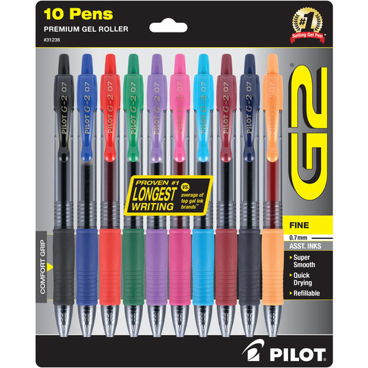 PILOT G2 Refillable and Retractable Gel Pens, 0.7mm, Assorted Inks, 10-Pack