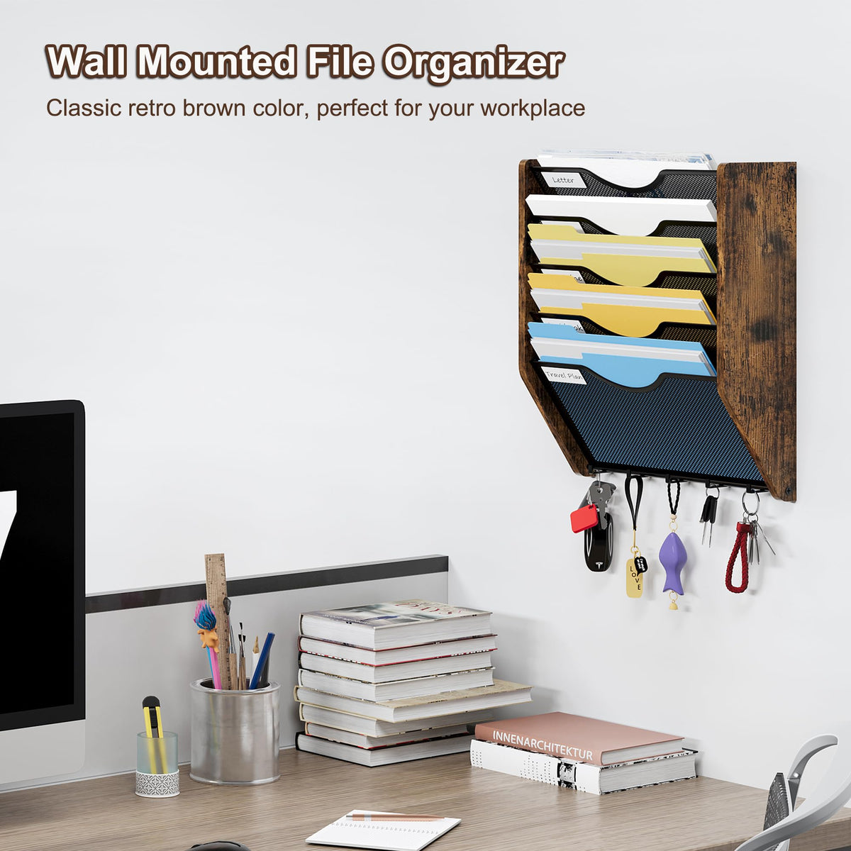 PAG-Mass Wall File Organizer With Hooks, 5 Tier Mesh Mail Organizer Wall Mounted,Hanging File
