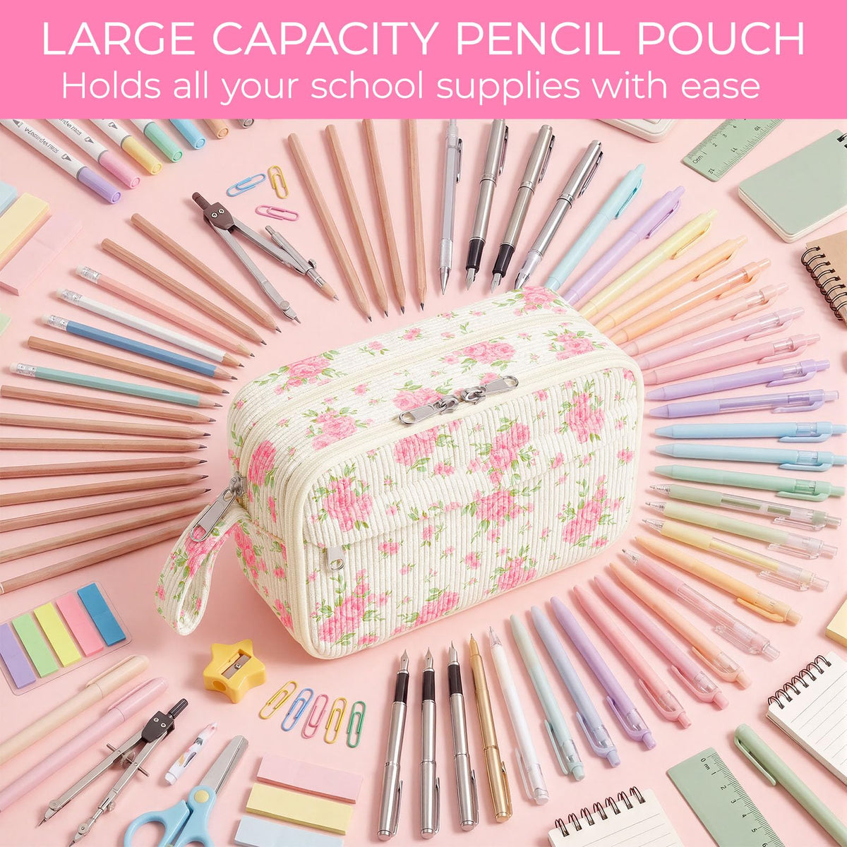 WOBAGMEN Cute Pencil Case,Large Corduroy Zippered Pencil Case Pouch, aesthetic Pencil Bag with