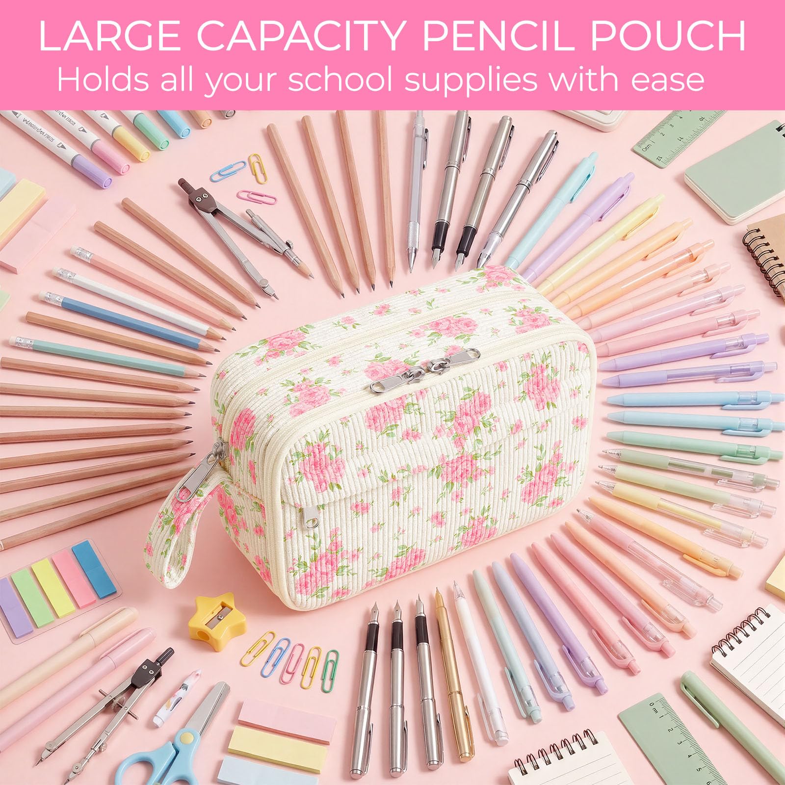 WOBAGMEN Cute Pencil Case,Large Corduroy Zippered Pencil Case Pouch, aesthetic Pencil Bag with