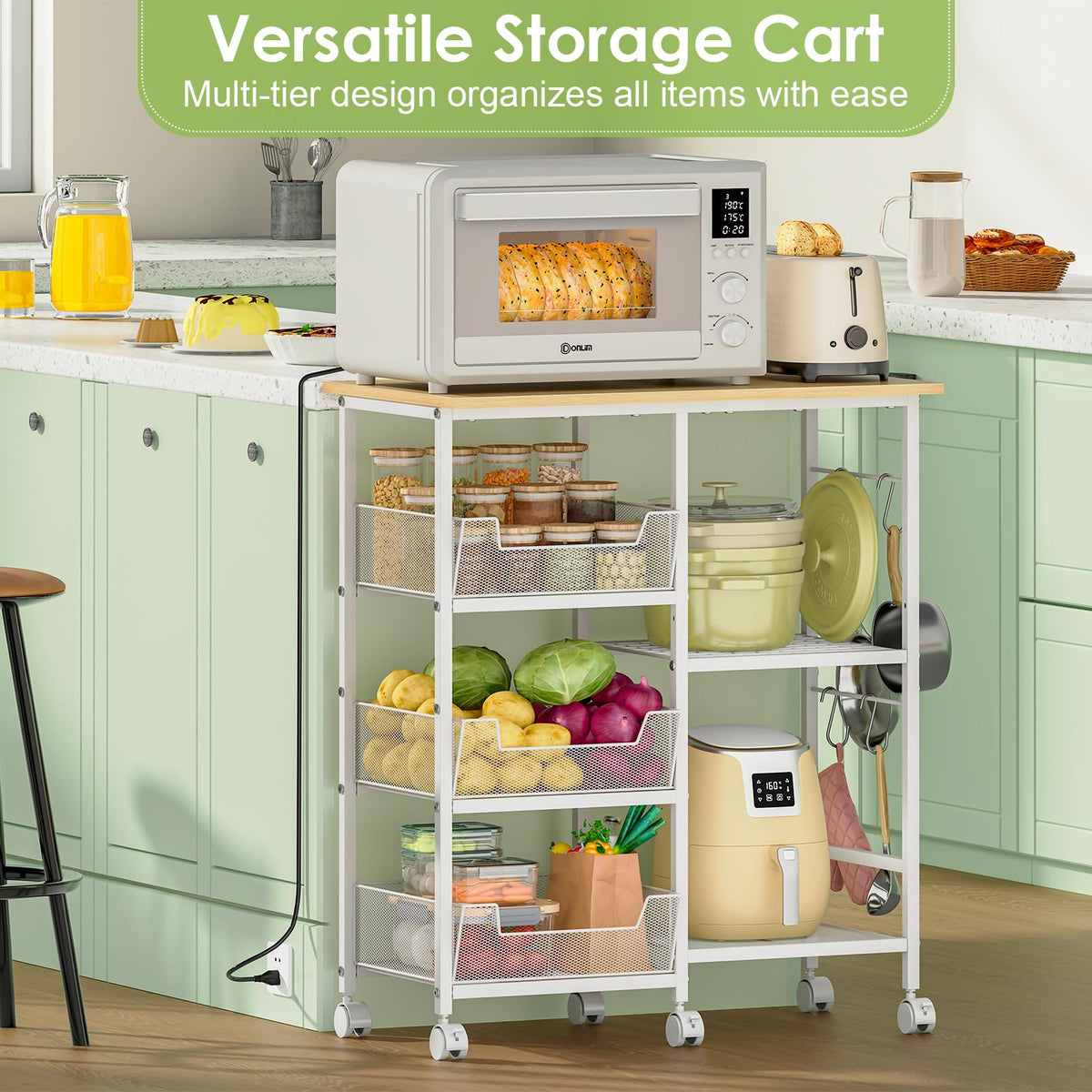 Rolling Kitchen Microwave Organizer Cart, Adjustable Shelves, White