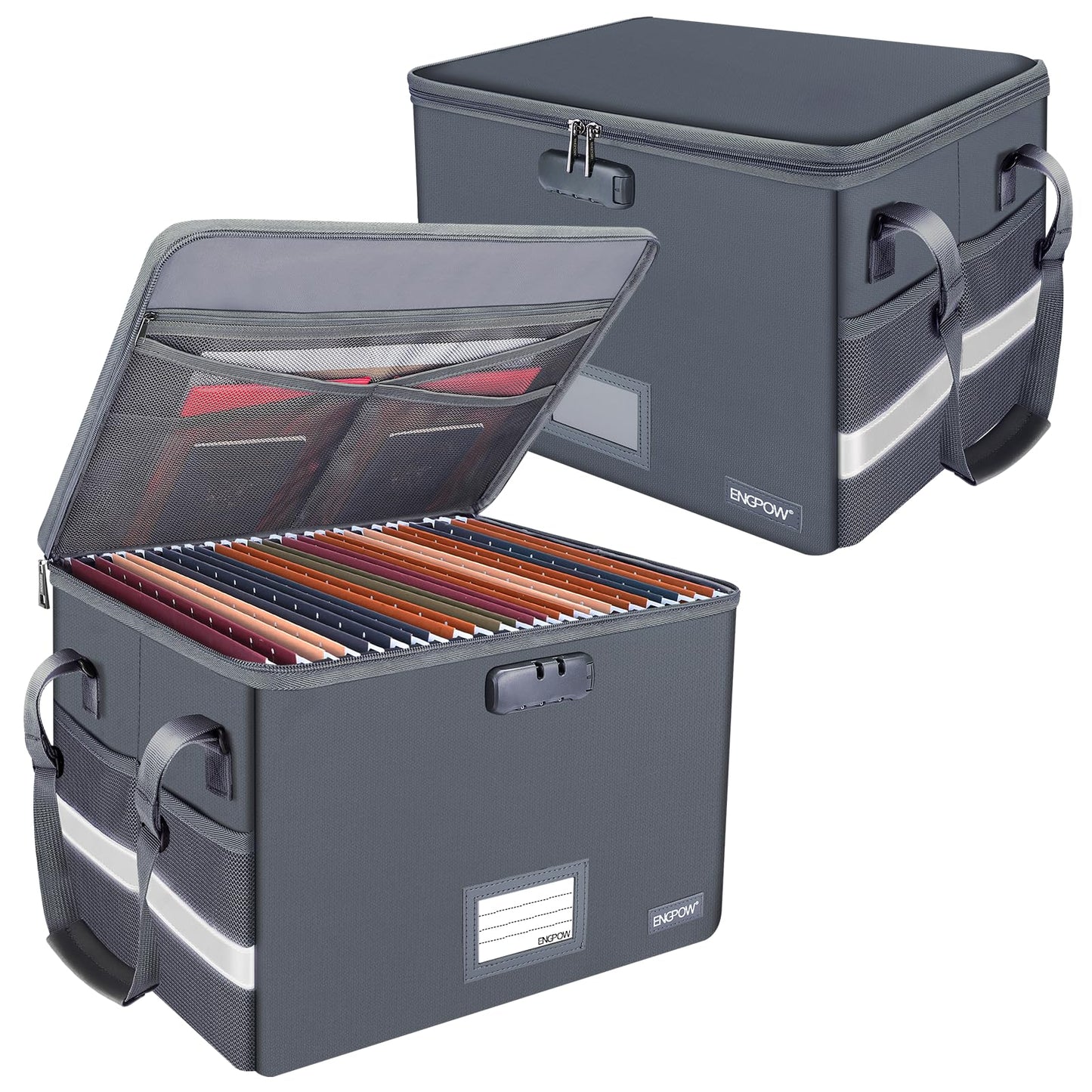 ENGPOW File Box with Lock, Fireproof Document Box with Pockets, Collapsible File Organizer Filing