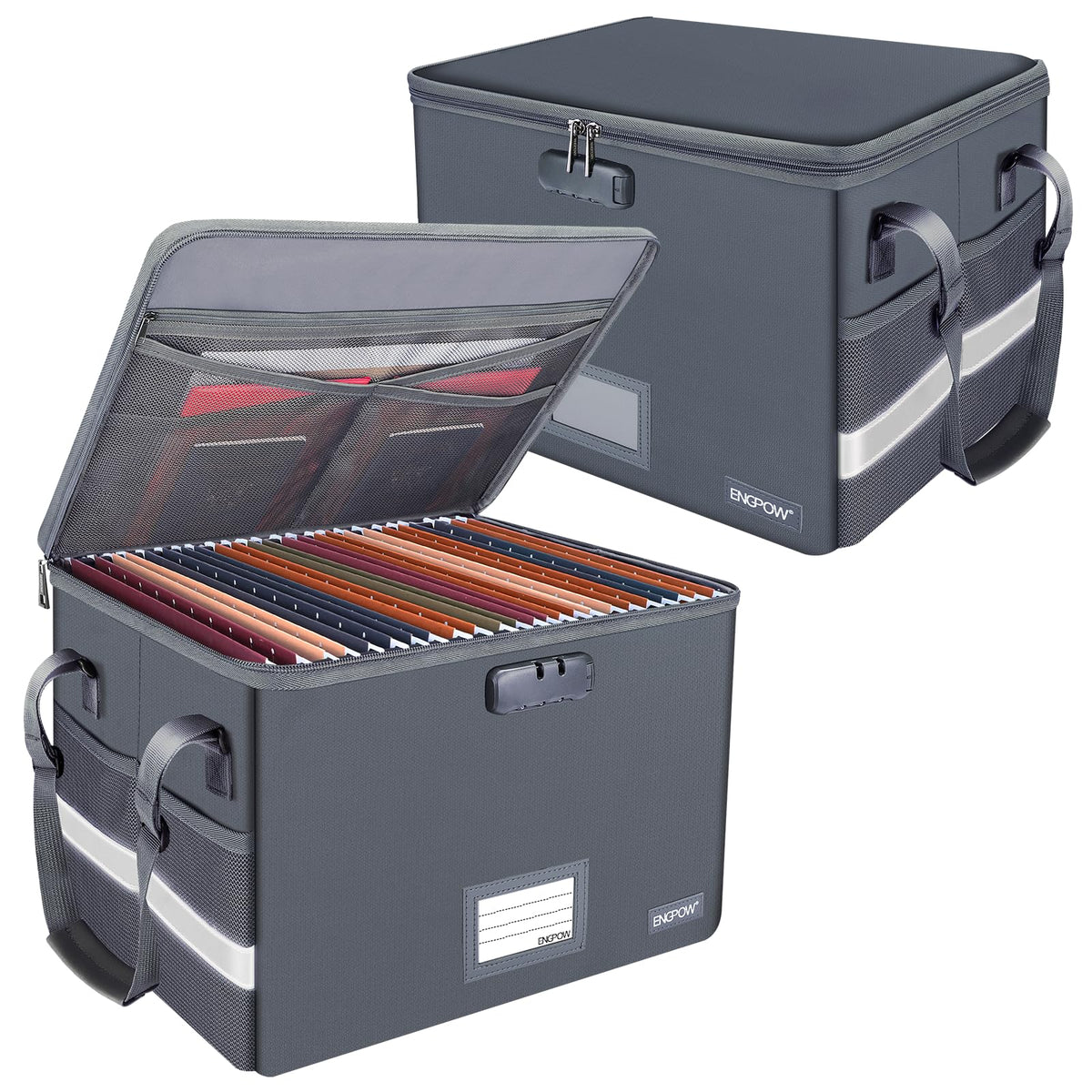 ENGPOW File Box with Lock, Fireproof Document Box with Pockets, Collapsible File Organizer Filing