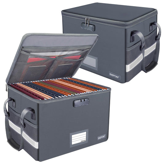 ENGPOW File Box with Lock, Fireproof Document Box with Pockets, Collapsible File Organizer Filing