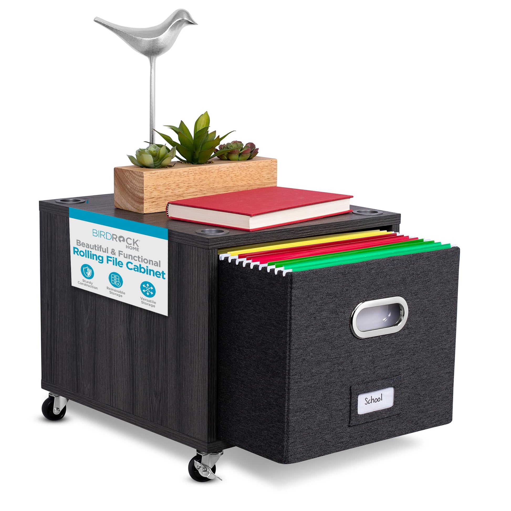 BIRDROCK HOME Rolling File Cabinet – Decorative Storage Shelf w/Removable Bins, Handles, and Wheels