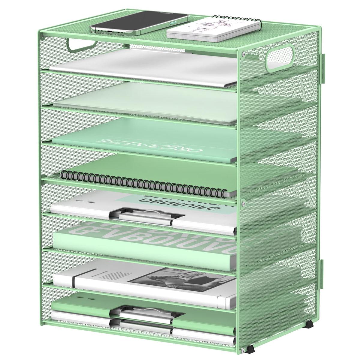 9-Tier Paper Organizer for Desk, Metal Letter Tray with Handles, Mint Green