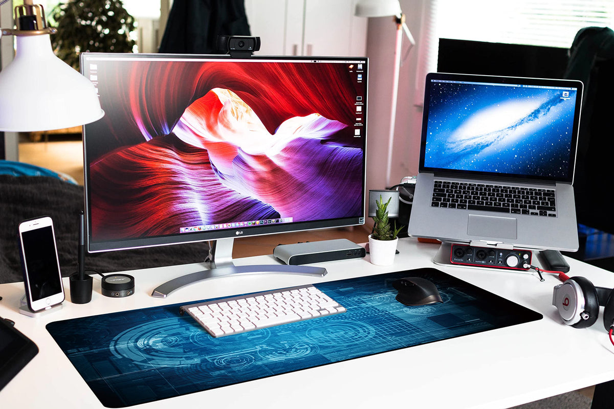 Extended Large Gaming Mouse Pad Abstract Blue Futuristic Tech XXL Size Keyboard Mouse Mat Desk Pad