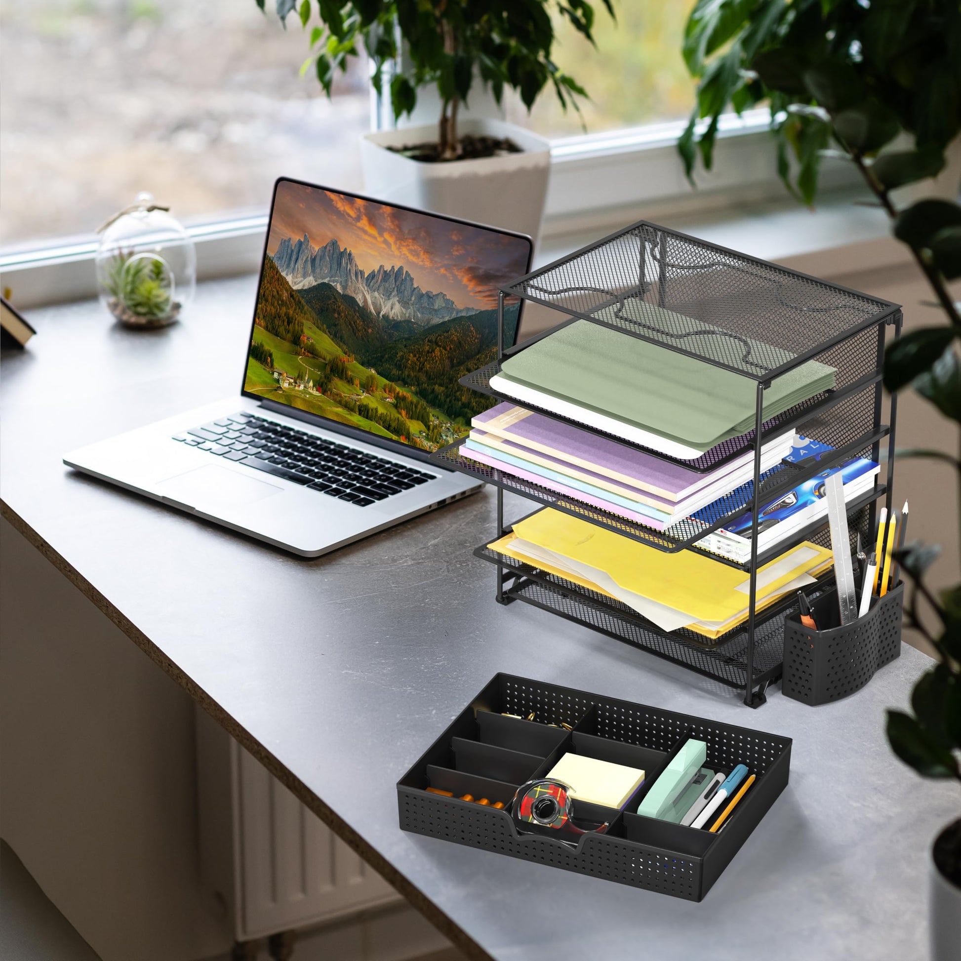Simple Houseware 5-Tier Desk File Organizer w/Drawer & Pen Holder, Black