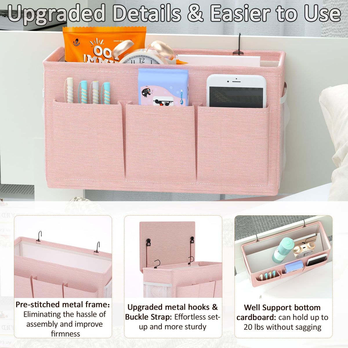 Bedside Caddy Storage Organizer for Bed Rails, Bed Caddy with 6 Pockets