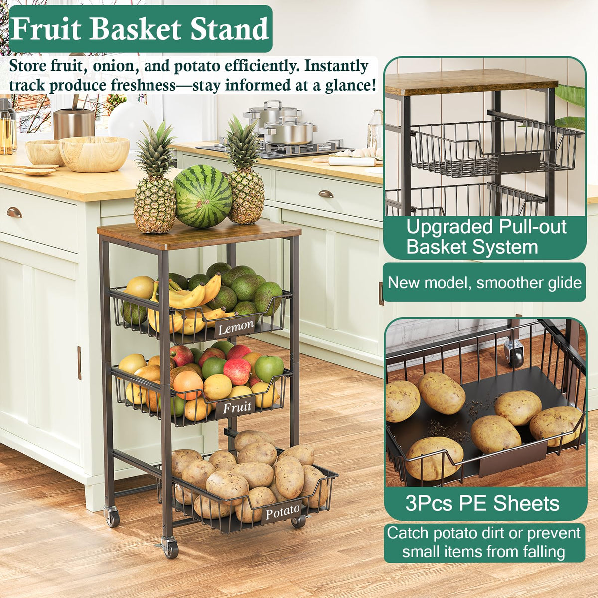 OKZEST 4-Tier Kitchen Storage Cart with 3 Upgraded Drawer Basket & Wood Top