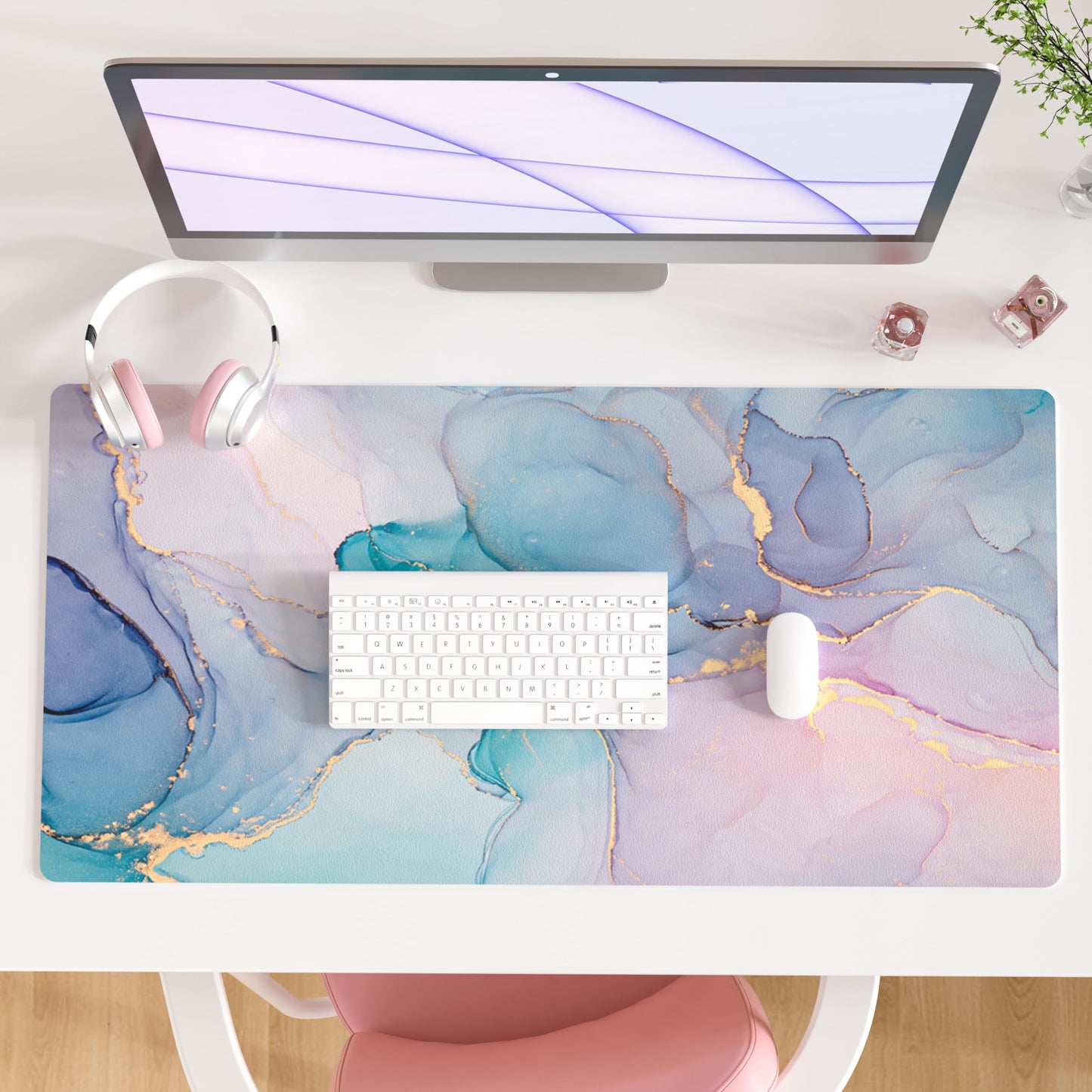 QiyI PU Leather Large Mouse Pad, 31.5" x 15.7", Blue Pink Fluid