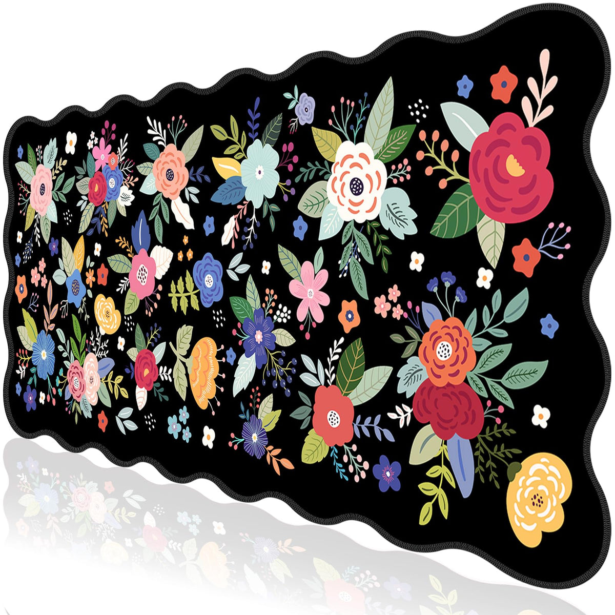 L-SPOUTTO Floral Mouse Pad, Black Scalloped Desk Mat XXL Gaming Mousepad