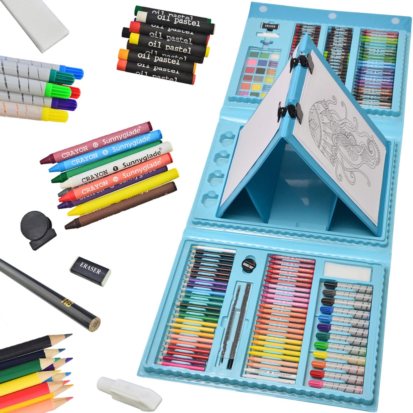 Sunnyglade 185 Pieces Double Sided Trifold Easel Art Set Art Supplies Blue