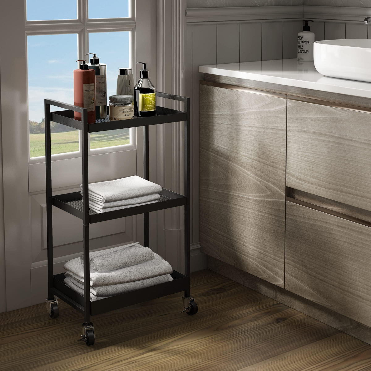 3-Tier Metal Utility Rolling Cart, Heavy Duty Multifunction Rectangular Cart with Lockable Casters