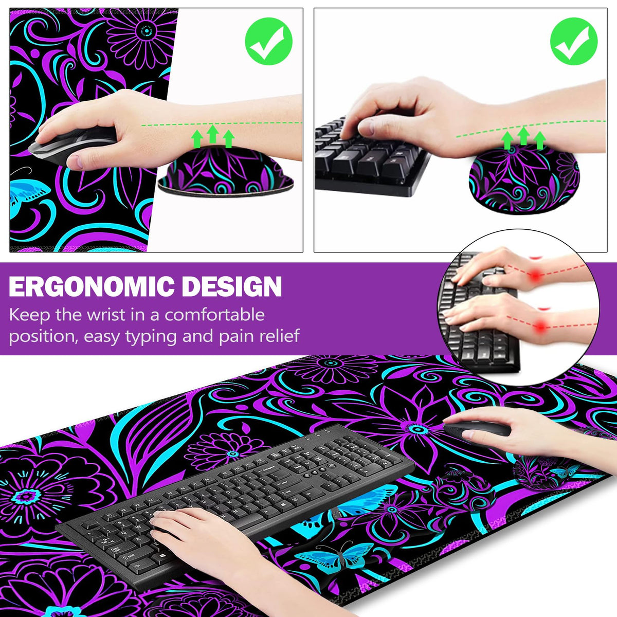 ARTSO Purple Desk Mat, Large Gaming Mouse Pad with Wrist Rest, Flower Butterfly XXL
