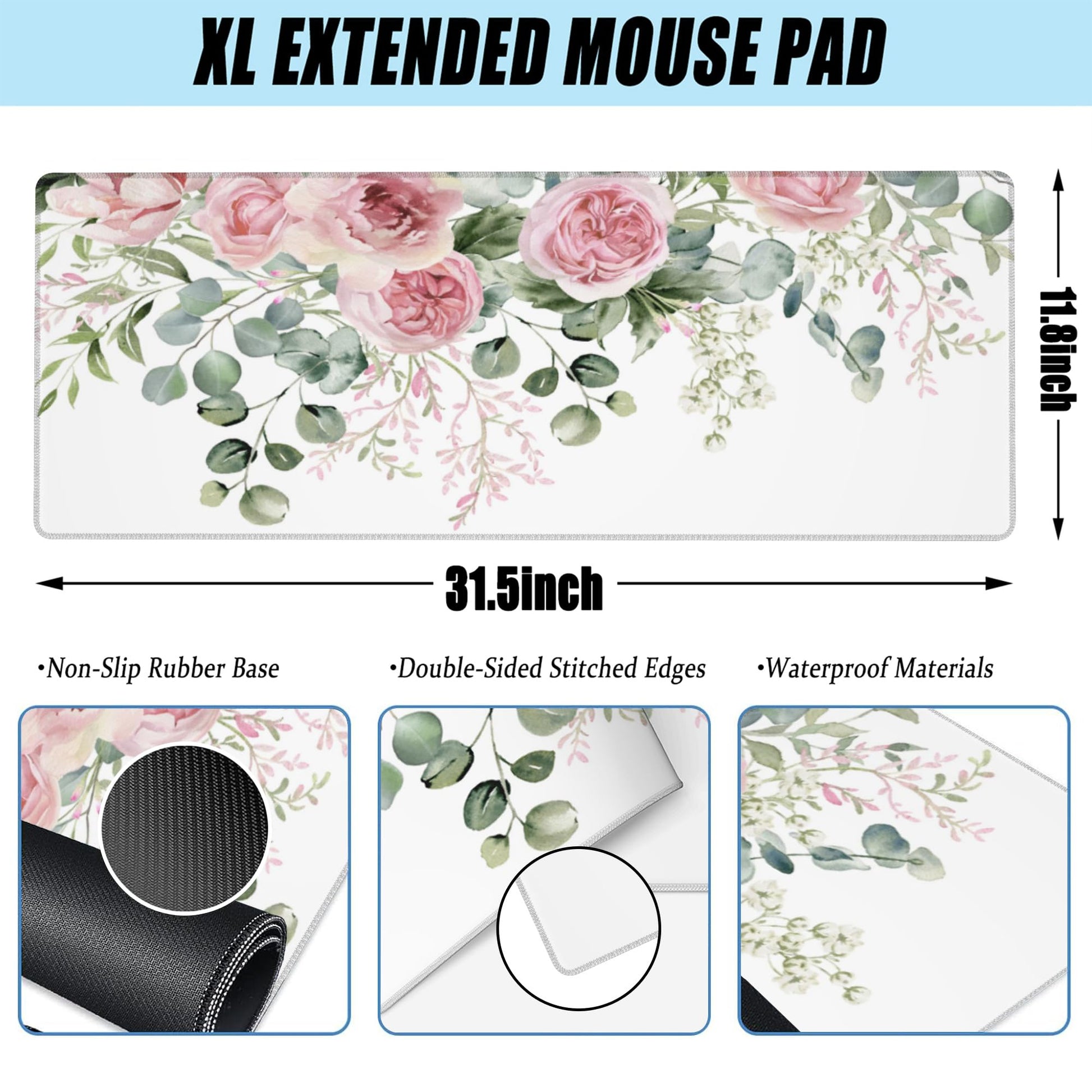 Desk Mat,Peony Flowers and Eucalyptus Leaves Large Gaming Mouse Pad for Desk XL,Pink Floral Desk