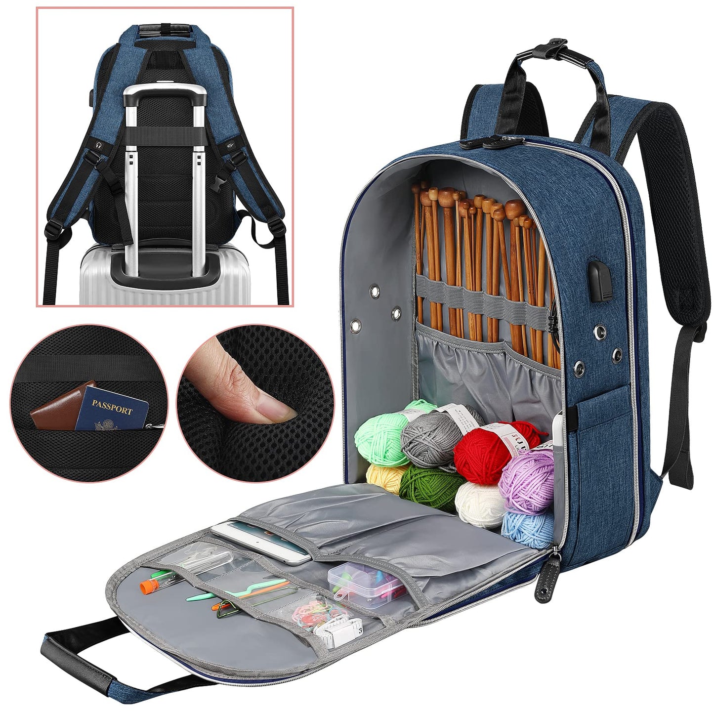Crochet Bag, Knitting Bag Backpack and Totes Organizer with USB Charging Port, Large Yarn Storage