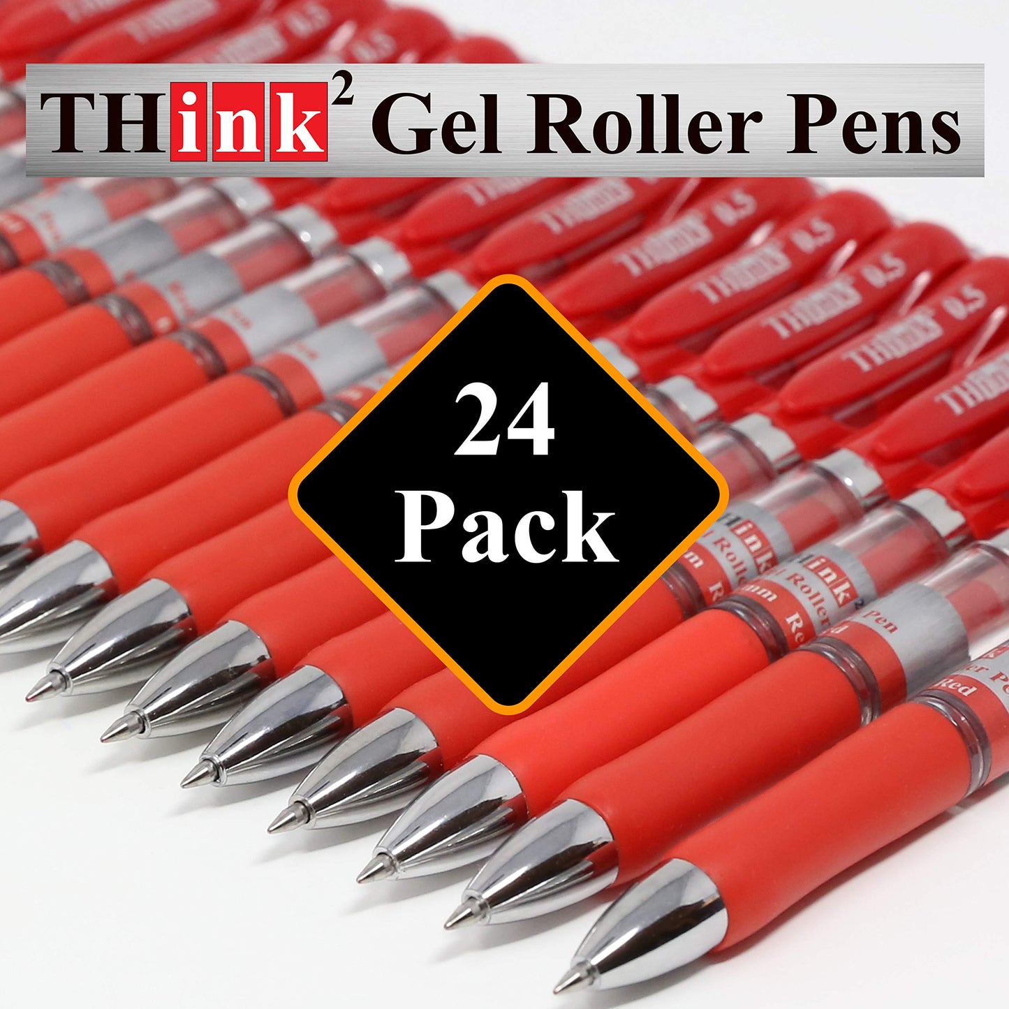 [24 Pens - Red Ink] Think2 Retractable Gel Pens. (24 Red) Fine Point (0.5mm) Rollerball Pens with