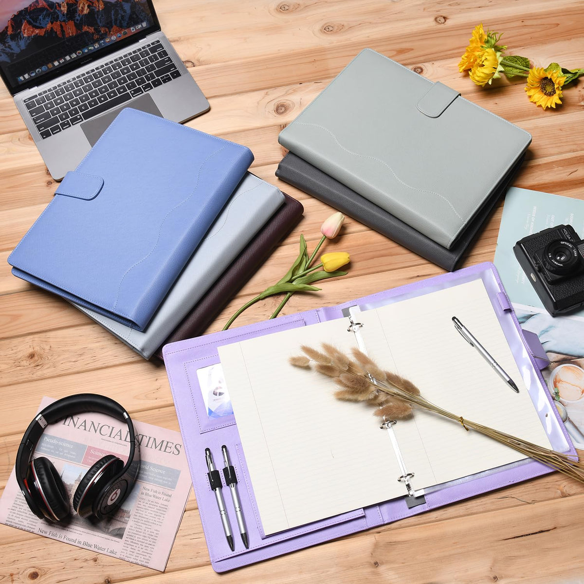 Wonderpool A4 PU Leather 3 & 4 Ring Holder Writing Portfolio Multi Document Case with Removable