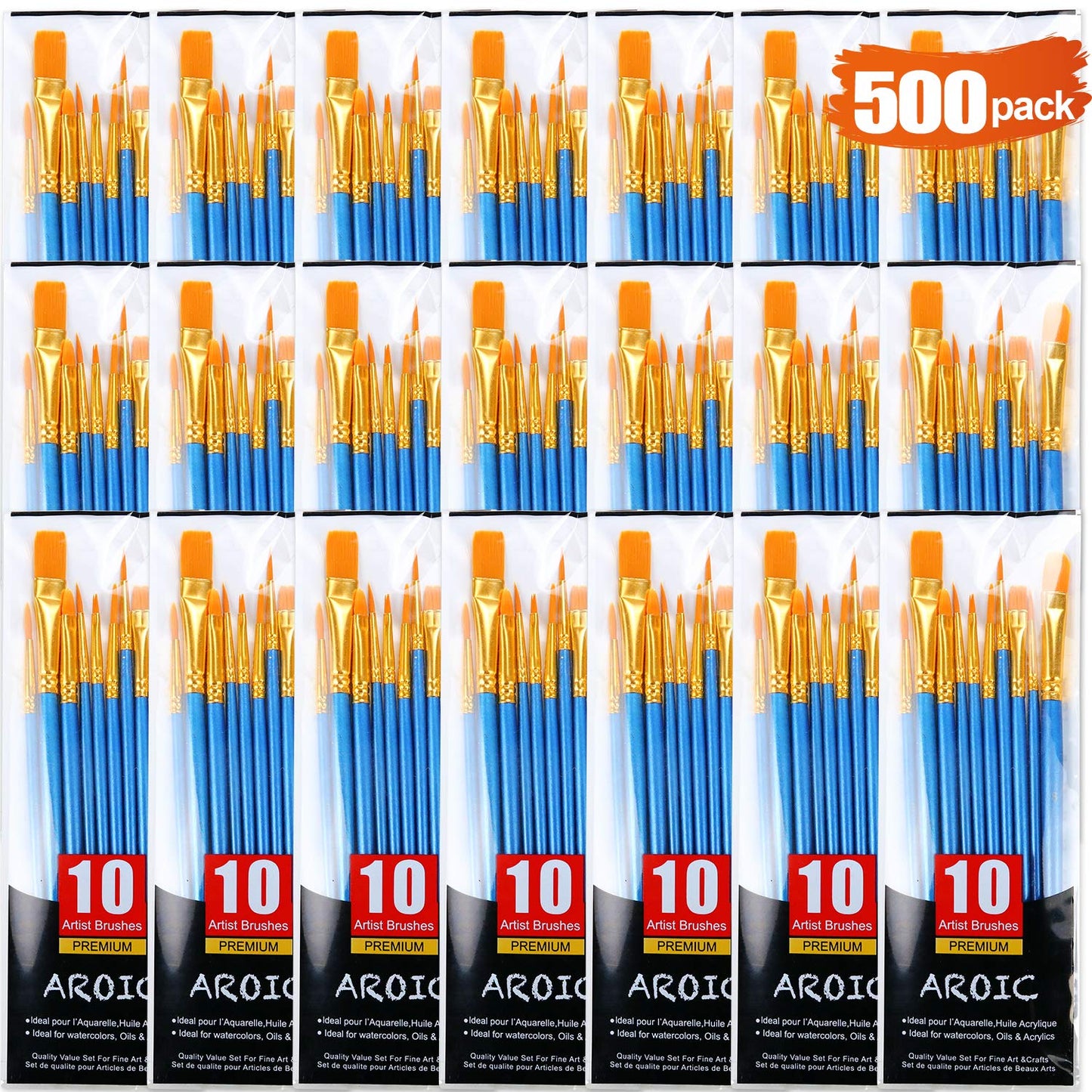 Acrylic Paint Brush Set, 50 Packs / 500 pcs Nylon Hair Brushes