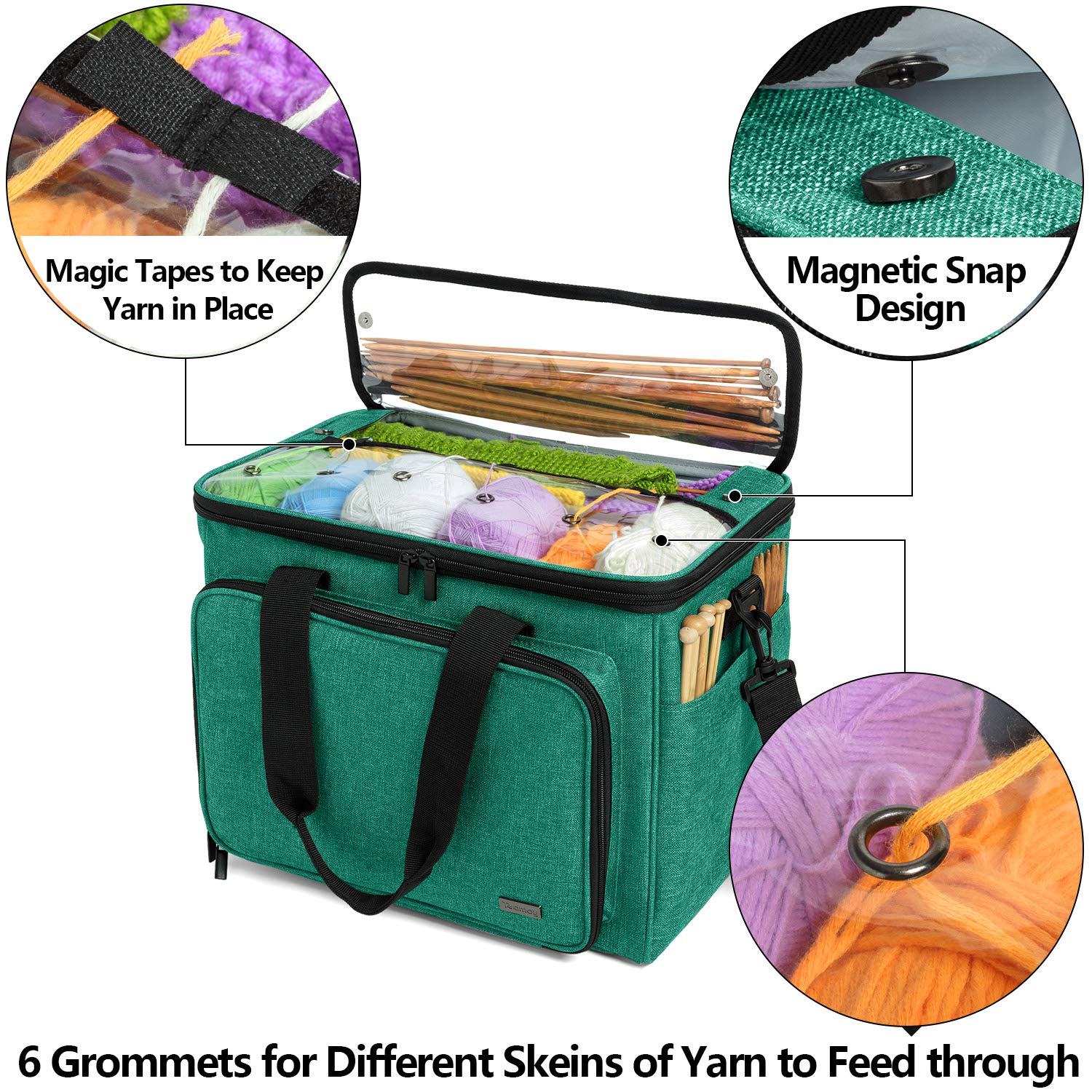 Teamoy Knitting Bag, Yarn Storage Organizer Crochet Bag Tote, Green