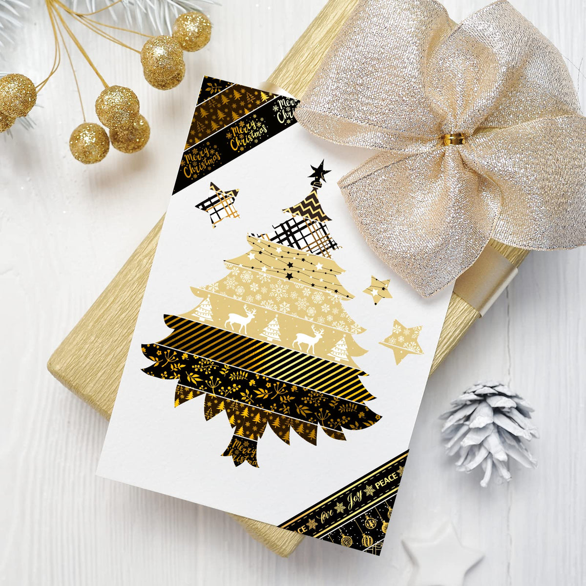 Whaline 12 Rolls Christmas Washi Tape Black Gold Xmas Washi Masking Tape Foil Gold Snowflake Xmas