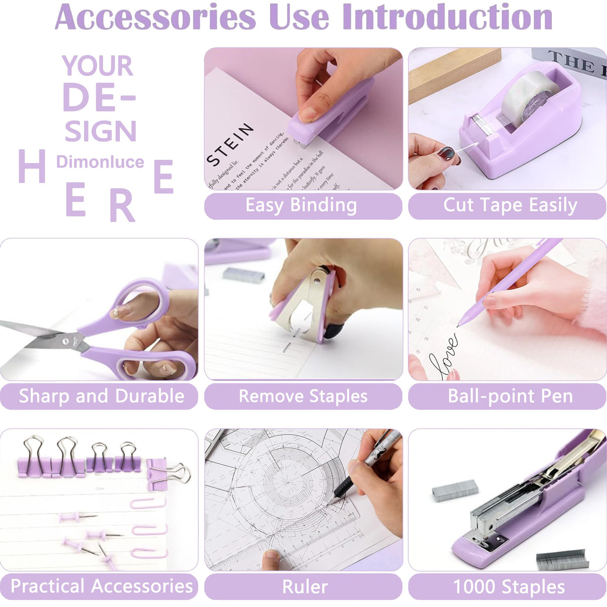 Dimonluce Purple Desk Accessories, Purple Office Supplies Accessories with Tape Dispenser, Stapler