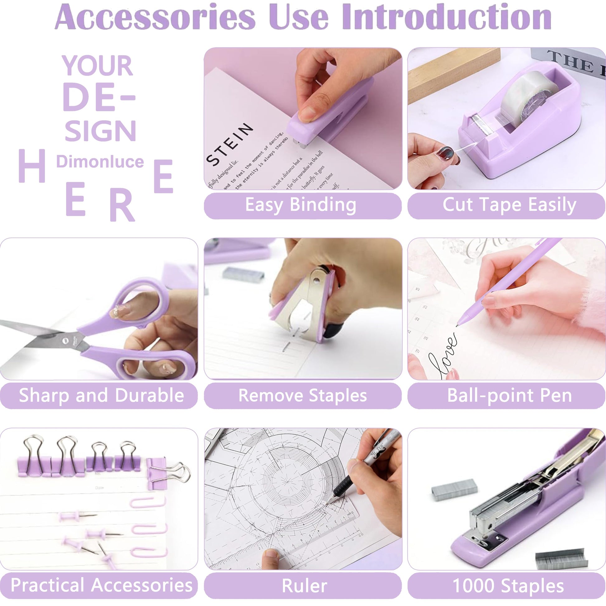 Dimonluce Purple Desk Accessories, Purple Office Supplies Accessories with Tape Dispenser, Stapler