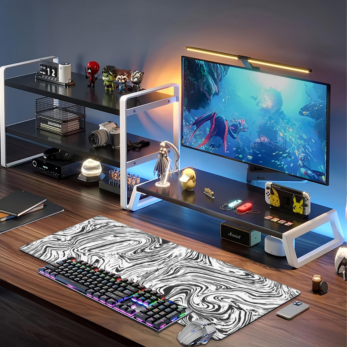 Black and White Marble Desk Mat,Large Abstract Marble Texture Gaming Keyboard Mouse Pad,Non-Slip