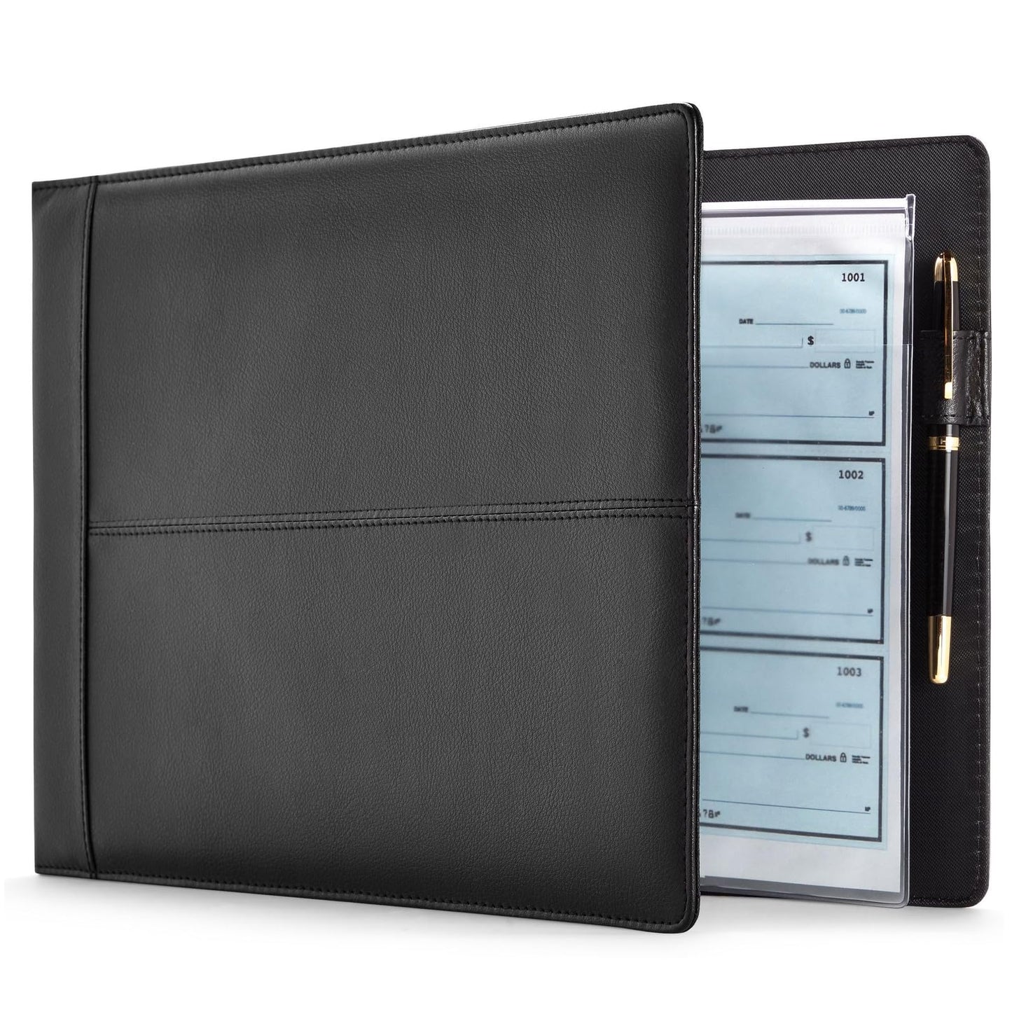 Juvale Check Binder - Black Faux Leather, 7-Ring, 14 x 10 in, Fits 600 Checks - Business Checkbook