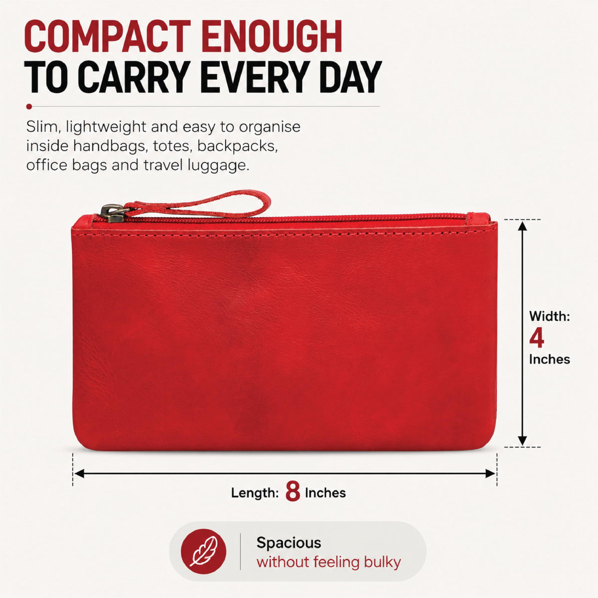 TheAntiq Red Genuine Leather Pencil Case for Men & Women - Small Pen Case (8" x 4" Inch), Coin