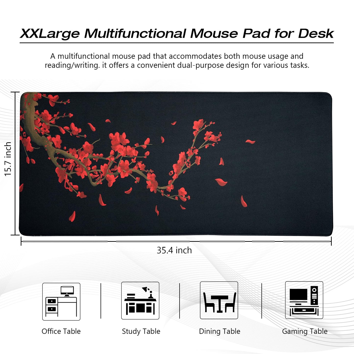 GMKWTL Large Gaming Mouse Pad for Desk, Black Plum Blossoms XXL Mouse Pad, 35.4x15.7 Inch