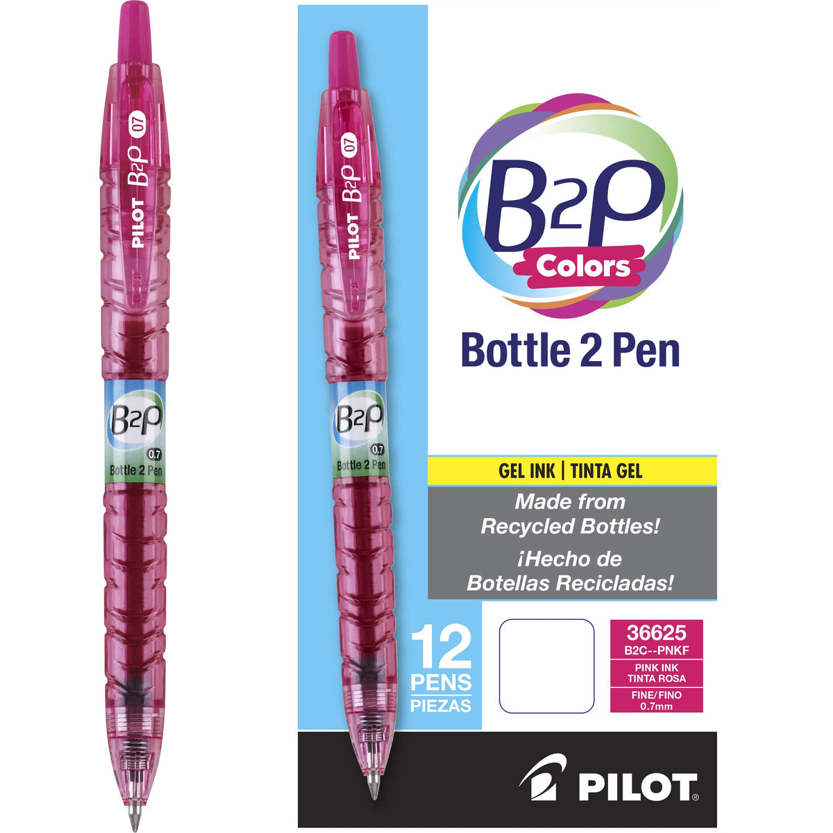 PILOT B2P Colors Gel Pen, Fine Point 0.7mm, Pink, 12-Pack