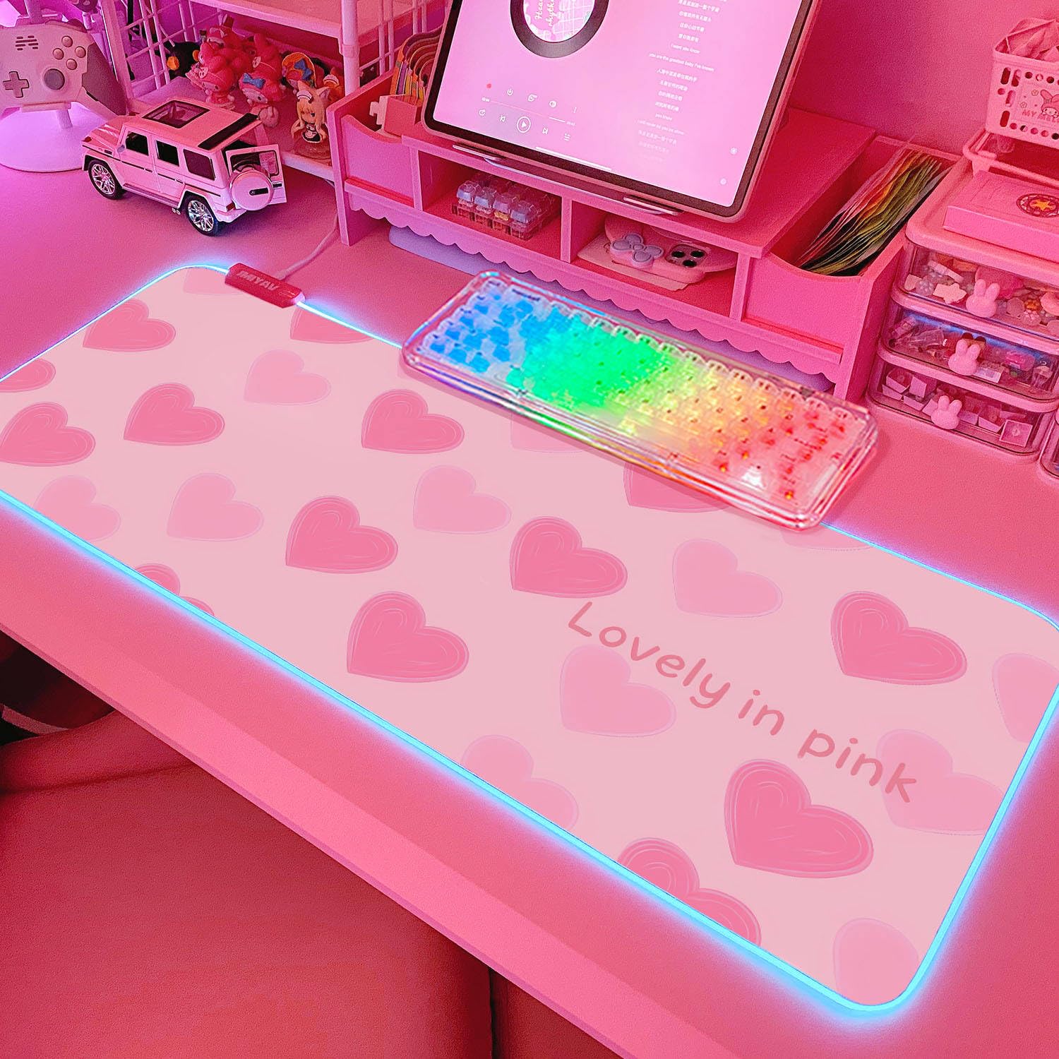 JMIYAV Pink Love Heart RGB Gaming Mouse Pad 31.5x12 Inch Cute Mousepad PC XL Large Extended Glowing