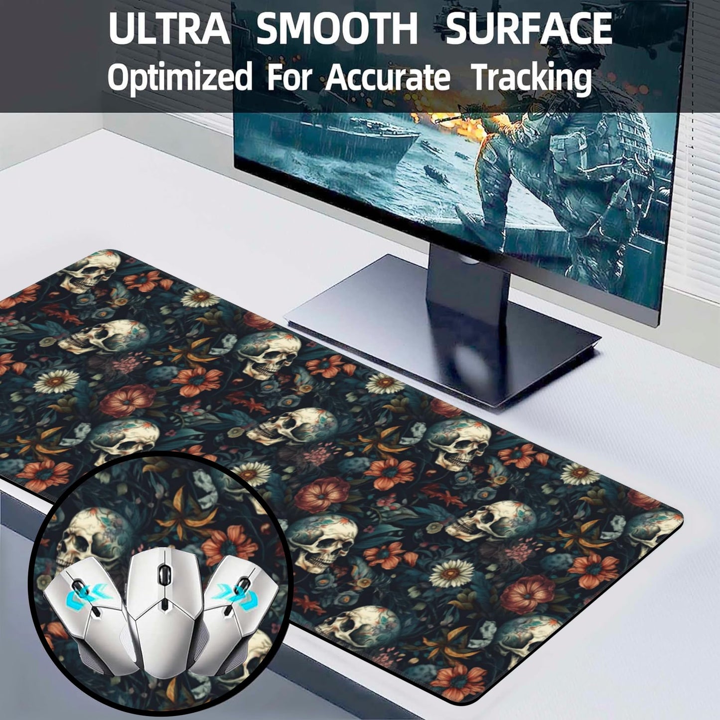 Desk Mat,Skulls with Flowers Large Gaming Mouse Pad XL,Skull Floral Desk Pad,Extended Big Computer