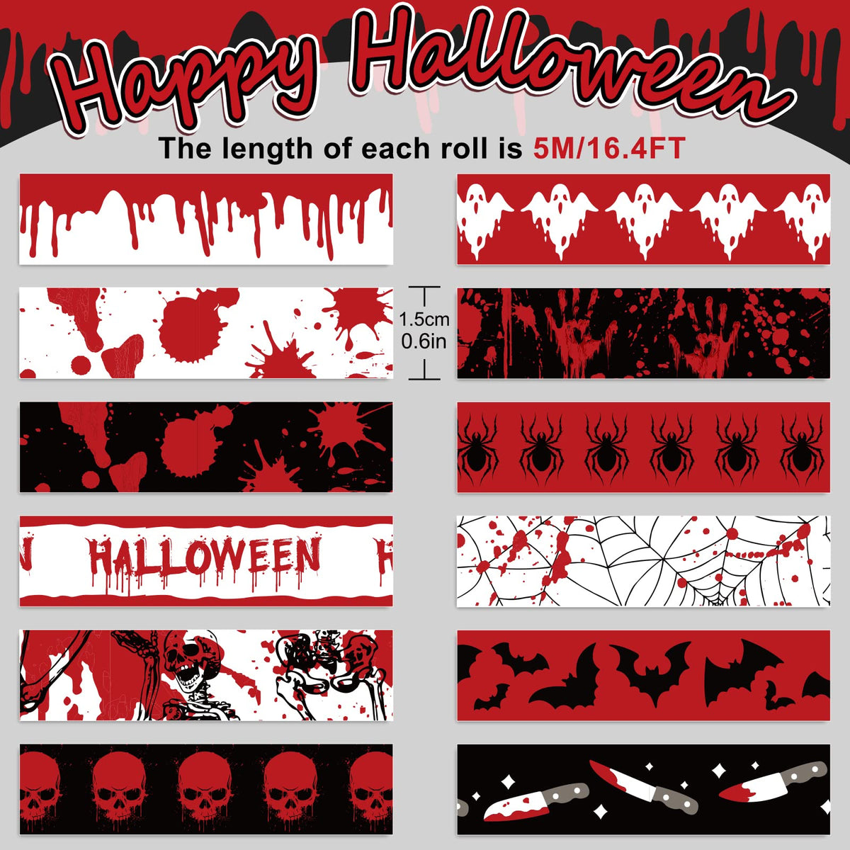 Whaline 12 Rolls Halloween Bloody Washi Tapes Blood Spatter Spooky Bloodstain Skull Ghost Masking