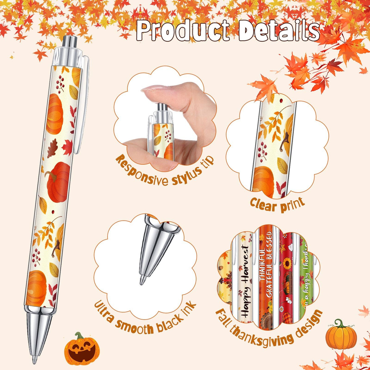 Cholemy 48 Pcs Fall Ballpoint Pens Bulk Thanksgiving Pumpkin Maple Leaf Pen