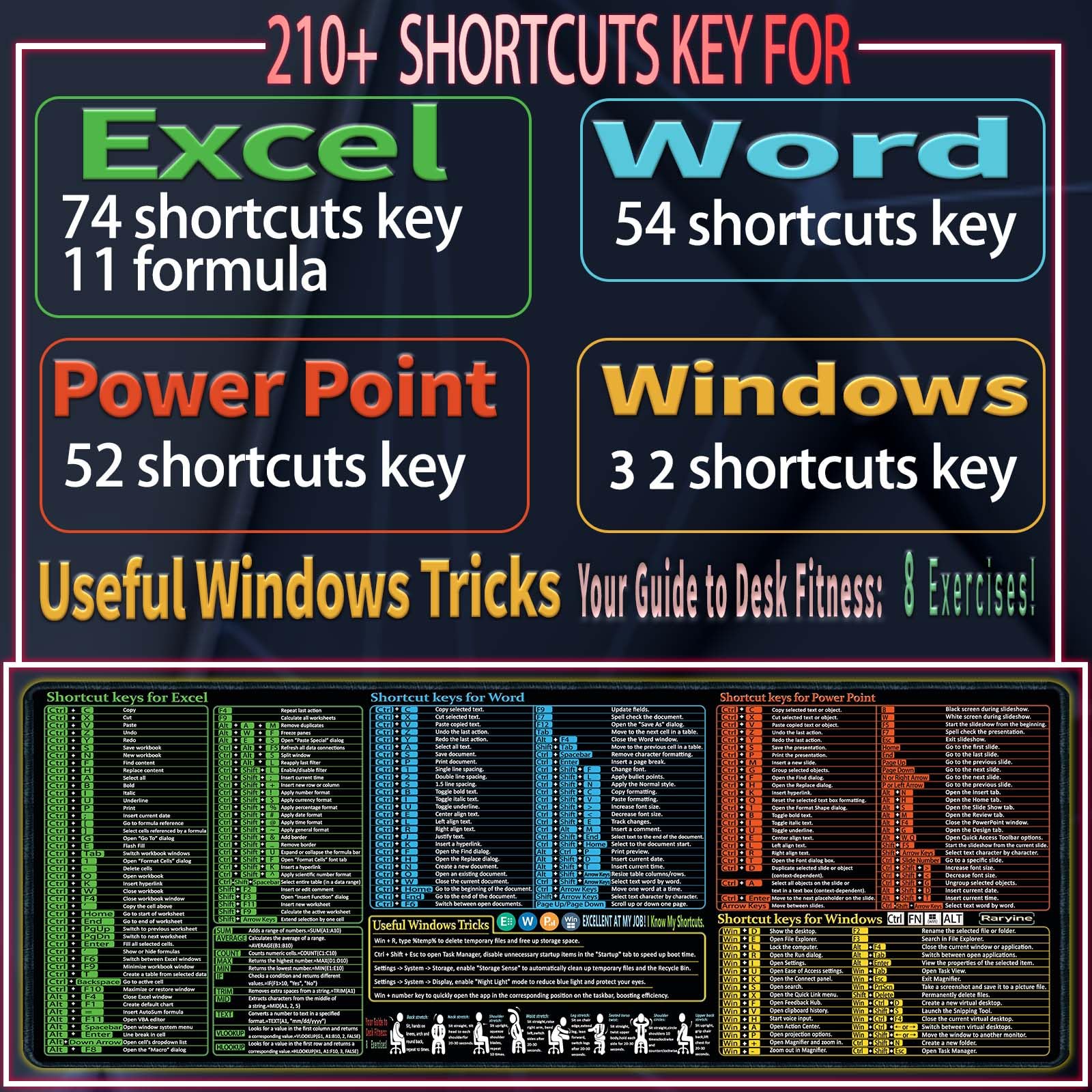 Raryine Excel/Word/Power Point/Windows Mouse pad,Non-Slip&Waterproof Large Gaming Office pc Desk