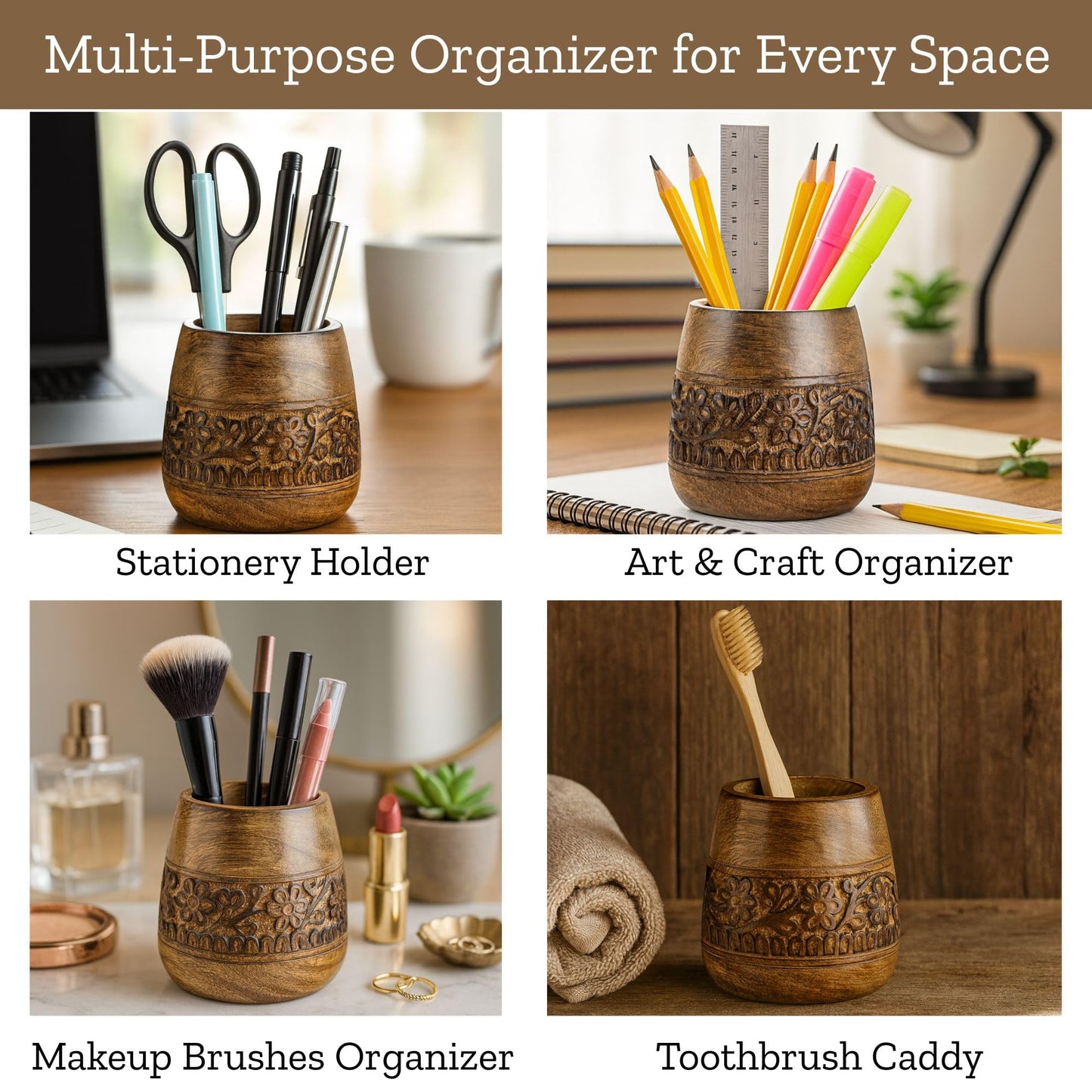 Mie Creations Rustic Pencil Holder, Wooden Pen Stand, Table Desk Organizer