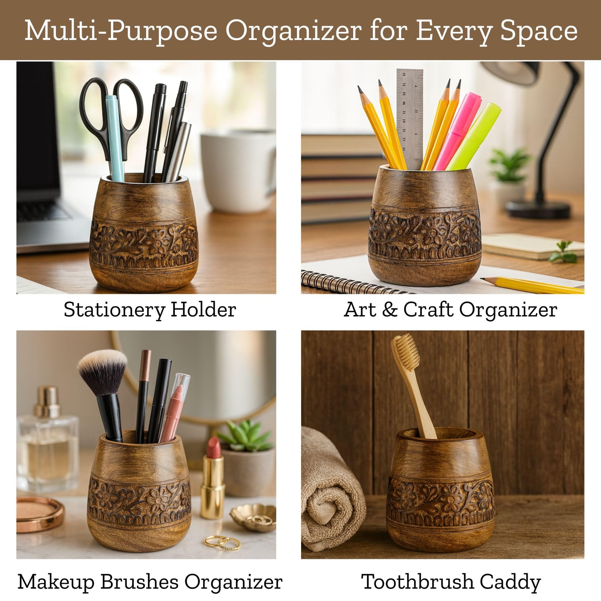 Mie Creations Rustic Pencil Holder, Wooden Pen Stand, Table Desk Organizer