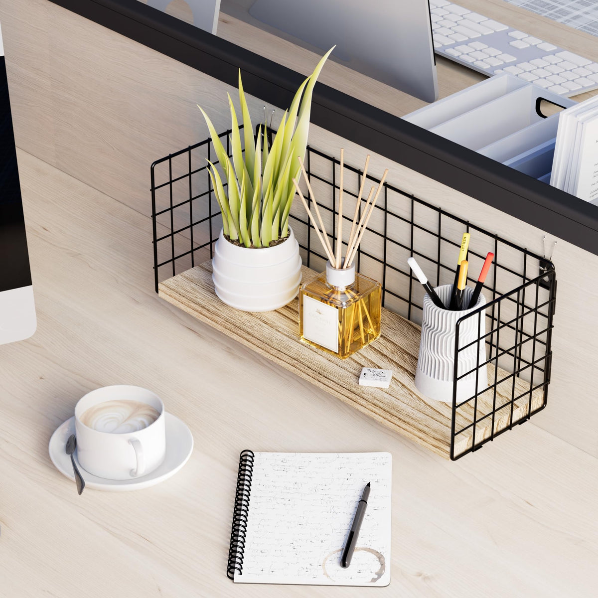 SoaShower Floating Cubicle Shelf with Hooks, Paulownia Wood Desktop Organizer for Office Cubicle