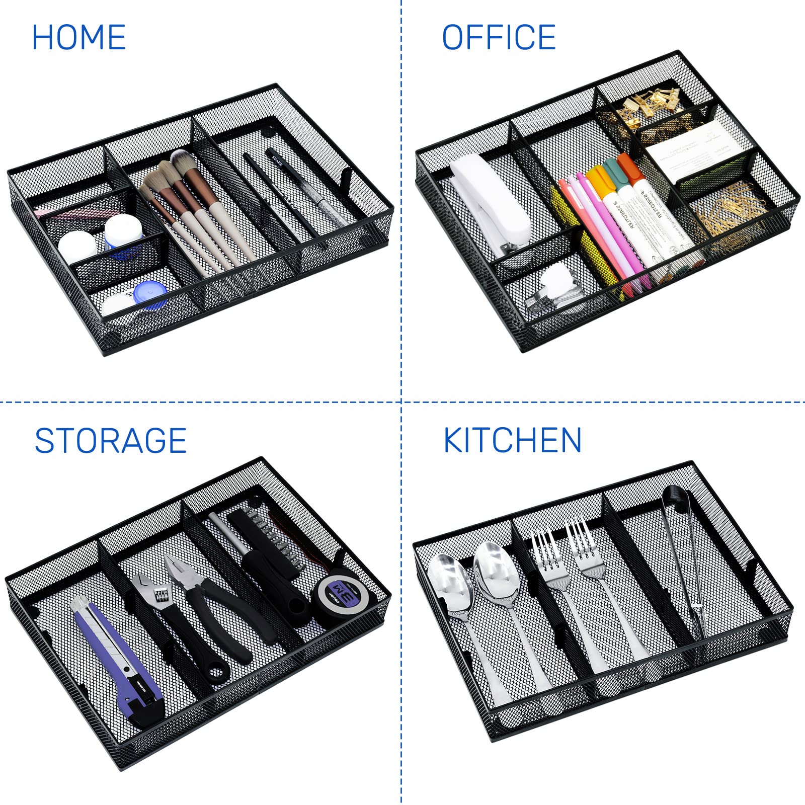 Neudeco Desk Drawer Organizer, 4 Pack Metal Mesh, Black