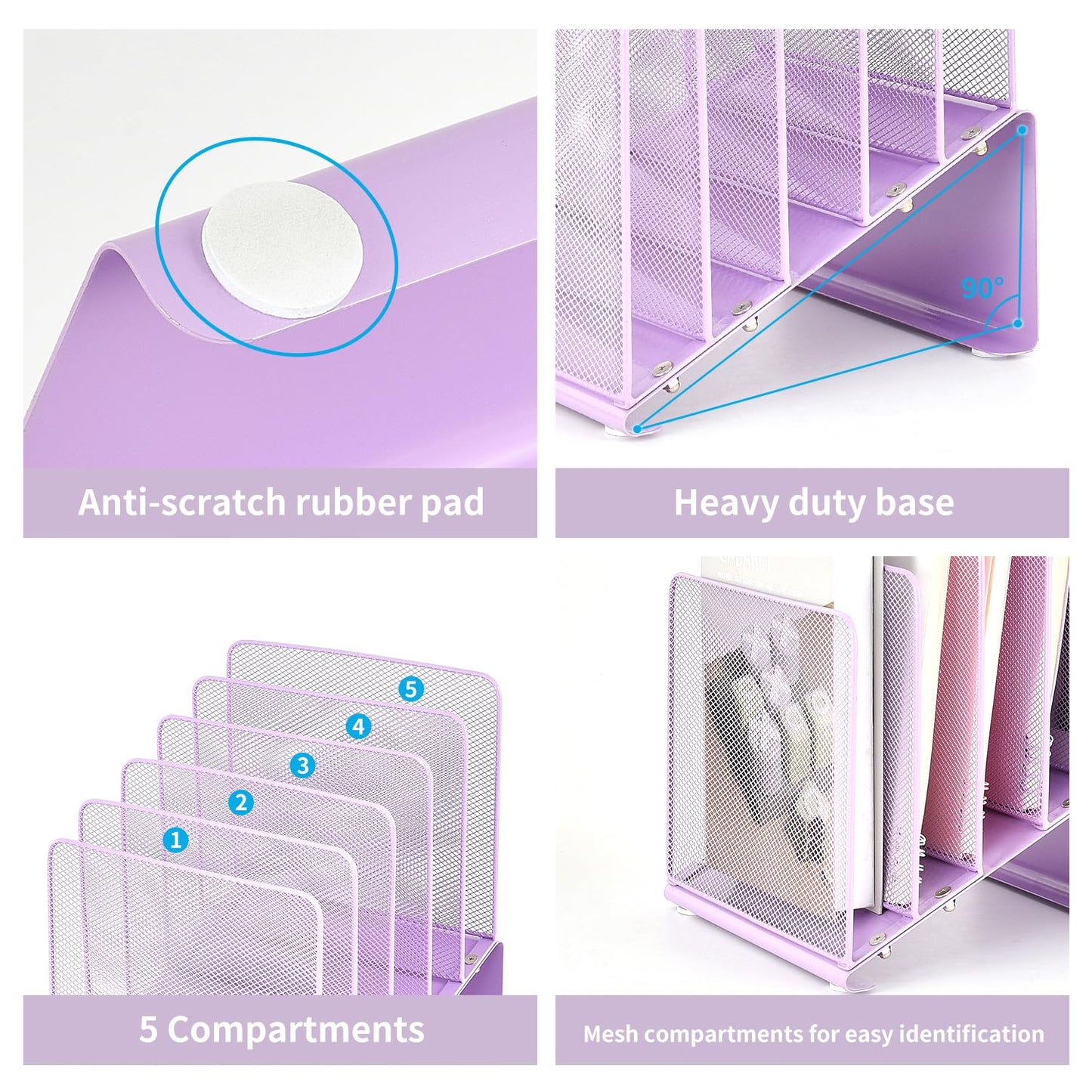 LEKETREE Purple File Organizer for Desk, Desk Organizer with 5-Section Vertical File Rack, File