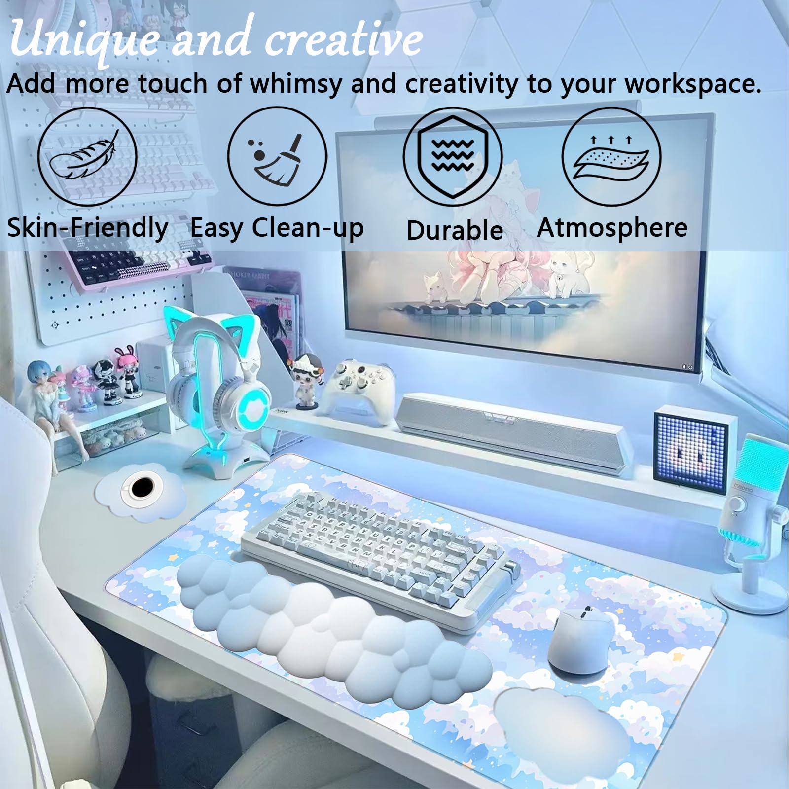 Blue Cloud Mouse Pad and Keyboard Wrist Rest 4PCS Extended Large Stars Desk Mat Pad Set Memory Foam