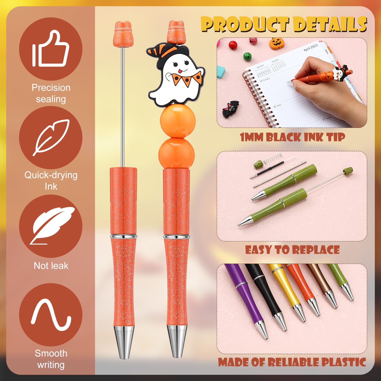 Ctosree 36 Sets Halloween Beadable Pens Beads Black Ink, Ghost