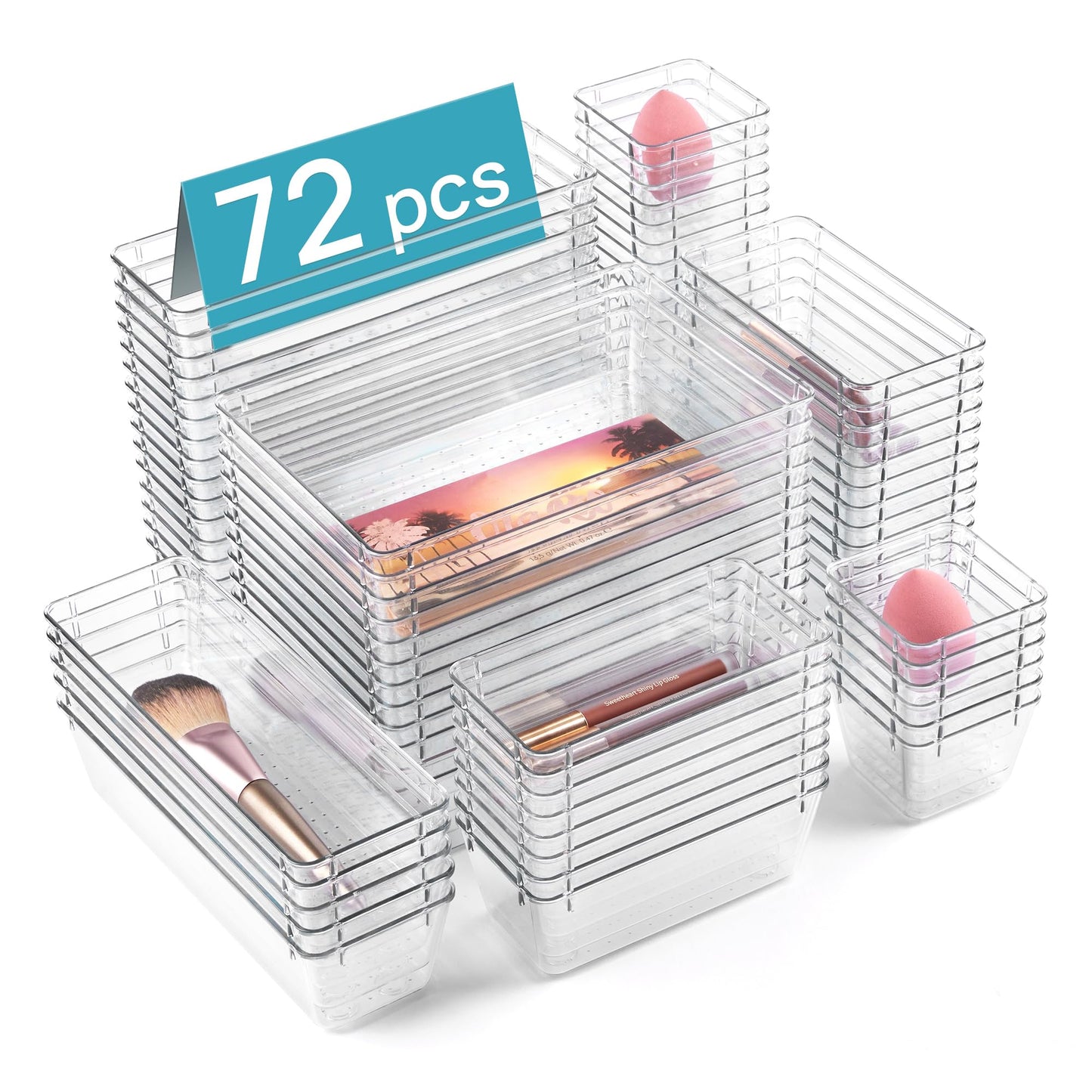 Vtopmart 72 PCS Clear Plastic Drawer Organizers Set, 4-Size Versatile Bathroom and Vanity Organizer