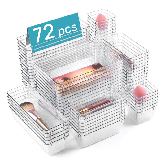 Vtopmart 72 PCS Clear Plastic Drawer Organizers Set, 4-Size Versatile Bathroom and Vanity Organizer