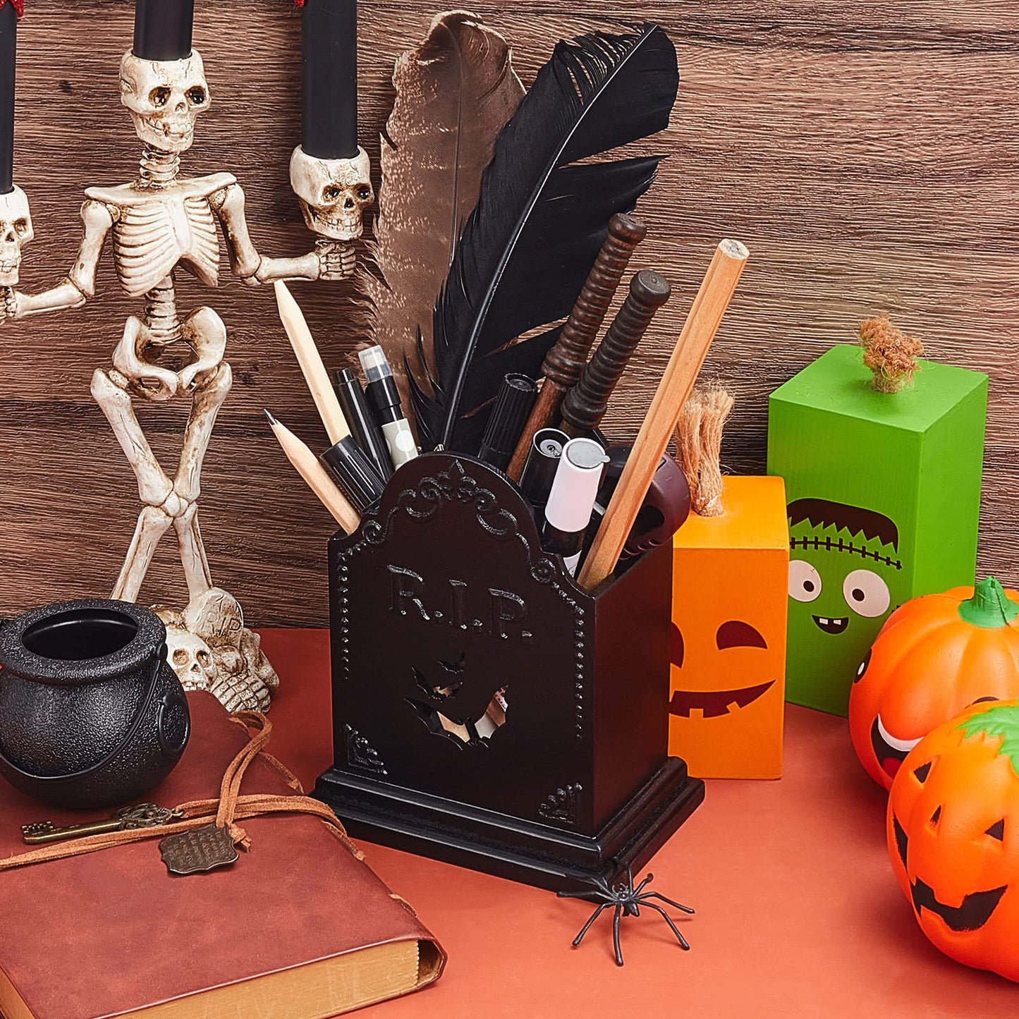Gueevin Gothic Tombstone Makeup Brush Holder, Wooden Goth Pen Organizer