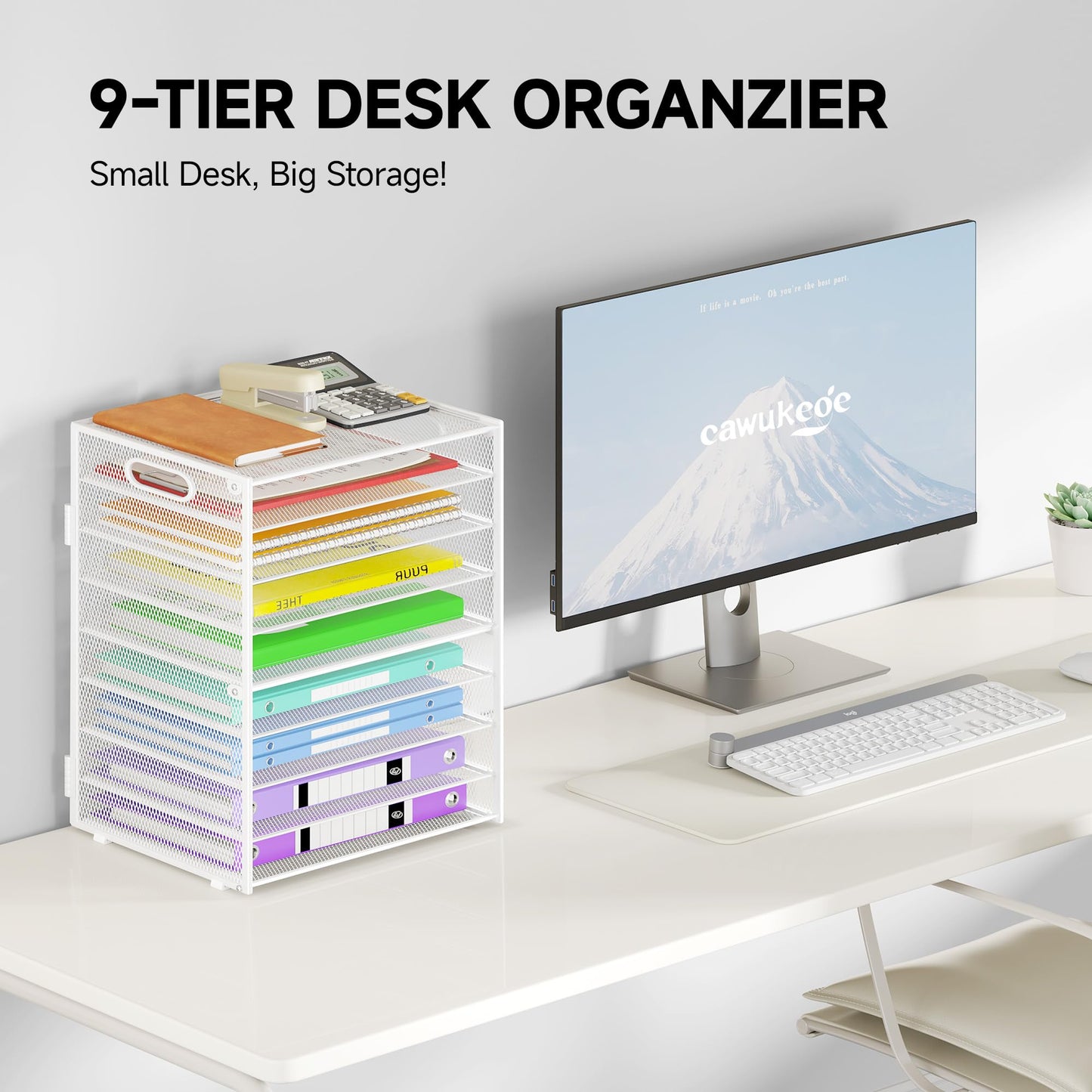 Cawukege 9 Tier Paper Organizer with Handle, White Large Capacity Desk Organizer Mesh File Folder