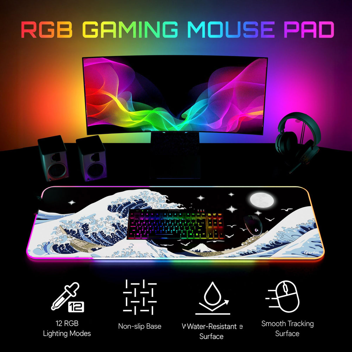 Gerlos RGB Gaming Mouse Pad, Large LED Desk Mat for Gamer, 31.5" x 11.8"